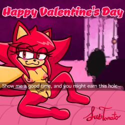 anthro areola bed bedroom bedroom_eyes blush breasts clitoris domestic_cat felid feline felis female front_view furniture genitals hair hi_res holidays lindsey_(sussytomato) mammal narrowed_eyes navel nipples nude red_hair seductive solo sussytomato tail text valentine's_day vulva