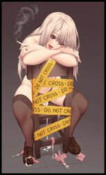 absurdres after_sex barricade_tape blonde_hair breasts brown_eyes chair cigarette condom convenient_censoring cum female fingernails highres jewelry large_breasts long_hair original panties piercing ring solo tally thighhighs tongue_piercing underwear used_condom yin-ting_tian