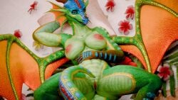 anthro bed blender_(artwork) blender_cycles_(artwork) breasts digital_media_(artwork) dragon female flower furniture genitals glory_(wof) green_body green_eyes hand_behind_head hand_on_belly hi_res looking_at_viewer lying mythological_creature mythological_scalie mythology nipples nude on_back open_mouth pillow pink_nipples plant reepeepsfm scalie solo spread_wings vulva watermark wings wings_of_fire
