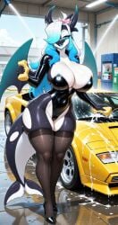 2026 absurd_res ai_generated anthro ass beach big_ass big_breasts big_butt black_body black_legwear black_thighhighs blue_hair breasts car car_wash cetacean closed_eyes coral_dragon_(rainbowwave) detailed digital_drawing_(artwork) digital_media_(artwork) dolphin dragon female foam genitals hair hi_res hybrid lamborghini legwear long_hair mammal marine mythological_creature mythological_scalie mythology oceanic_dolphin orca penelope_(rainbowscreen) race_queen rcutie scalie solo sponge sports_car suit thick_thighs thigh_highs thighhighs tire toothed_whale vehicle water white_body