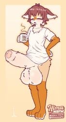absurd_res ande_(hima_nsfw) anthro balls big_balls big_penis blush bodily_fluids brown_hair canid canine casual_erection closed_eyes clothing container cup erection felid feline fluffy_balls fluffy_foreskin fluffy_penis fox fur genital_fluids genitals hair hand_on_hip hi_res hima_nsfw holding_container holding_cup holding_object huge_balls huge_cock hybrid hyper hyper_balls hyper_genitalia hyper_penis lynx male mammal mug mugshot open_mouth orange_body orange_fur penis precum shirt solo standing tan_body tan_fur topwear white_body white_fur yawn