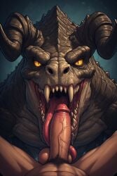 1boy ai_generated ambiguous_gender balls bethesda_softworks big_penis blowjob deathclaw fallout fellatio first_person_view furrypornaddiction genital_danger_play horns human larger_anthro licking_penis long_tongue masculine monster penis pov pubes pubic_hair reptile reptilian sharp_teeth size_difference smaller_human smaller_male teeth tongue yellow_sclera
