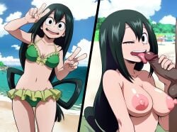 1girl1boy absurd_res alternate_version_available asui_tsuyu beach bikini bikini_bottom bikini_top blowjob boku_no_hero_academia dark-skinned_male female_focus frog_girl green_hair light-skinned_female my_hero_academia nipples outdoor_nudity outdoor_sex outdoors public_nudity public_sex smiling_at_viewer swimsuit teenage_girl teenager tsuyu_asui