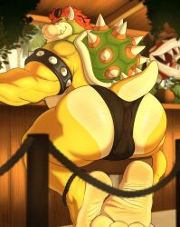 1boy 2_horns 3_toes absurd_res anklet anthro anus armband bar barefoot bedroom_eyes biceps big_butt black_clothing black_underwear bowser bracelet bubble_butt bulge butt chair clothed clothing collar countershade_feet countershading detailed detailed_background elemental_creature eyebrows eyewear eyewear_on_head feet flora_fauna flufflecraft foot_focus furniture furry furry_male furry_only genitals green_body hair hi_res horns huge_butt inside jewelry koopa looking_at_viewer looking_back looking_back_at_viewer male male_anthro mario_(series) multicolored_body multicolored_scales multicolored_tail muscular muscular_anthro muscular_male narrowed_eyes nintendo outside piranha_plant plant plantigrade presenting presenting_anus presenting_hindquarters puffy_anus raised_tail rear_view red_eyebrows red_eyes red_hair reptile scales scalie seductive sharp_teeth shell sitting smile soles solo spiked_armband spiked_bracelet spiked_collar spiked_shell spiked_tail spikes spikes_(anatomy) stool sunglasses sunglasses_on_head tail tan_body tan_countershading tan_scales teeth thick_thighs thong toes topless topless_anthro topless_male translucent translucent_clothing tree underwear underwear_only wearing_sunglasses white_horn wrinkled_feet wrinkles yellow_body yellow_scales yellow_tail