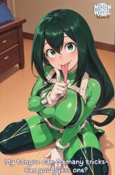 ai_assisted ai_generated asui_tsuyu big_breasts boku_no_hero_academia breasts clothed clothed_female comic curvy curvy_body curvy_female female female_focus female_only green_eyes green_hair large_breasts long_hair long_tongue moonwool_branch my_hero_academia seductive seductive_eyes seductive_look seductive_mouth seductive_pose seductive_smile sitting smile smiling solo solo_female solo_focus spread_legs talking talking_to_viewer thick_ass thick_thighs thighs tongue tongue_out tsuyu_asui uncensored very_long_tongue