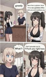 ai_assisted ai_generated blonde_hair brown_hair buying buying_sex_toy dildo dirty_talk english_dialogue english_text greedy holding holding_dildo holding_object holding_sex_toy pervert pervert_face pervert_female perverted pharmercy pink_dildo sex_toy shocked shocked_expression shocked_eyes shocked_face slut slutty_female