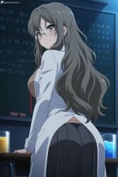ai_generated ass blush breasts brown_eyes chalk chalkboard classroom desk digitalwaifugallery eyebrows_visible_through_hair female from_behind futaba_rio glasses grey_hair hi_res high_quality high_resolution indoors long_hair looking_at_viewer looking_back night panties panties_under_pantyhose pantyhose patreon seductive sexy skirt solo teacher uncensored underwear watermark
