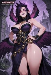 ai_generated angel angel_wings artoonizer big_ass big_breasts black_hair black_panties bracelet breasts corset curvy curvy_figure dress elf_ears female glowing_eyes goth goth_girl goth_makeup hands_on_hips hourglass_figure jewelry league_of_legends league_of_legends:_wild_rift light-skin light-skinned_female lipstick long_hair looking_at_viewer makeup_running morgana narrow_waist necklace outdoors pale-skinned_female pale_skin patreon patreon_username posing purple_eyes purple_hair purple_lipstick pussy riot_games ruined_makeup shiny_skin smile solo solo_female solo_focus standing thick_thighs