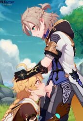 2boys aether_(genshin_impact) ai_generated albedo_(genshin_impact) blk9201 clenched_teeth clothed_sex cum cum_in_mouth cum_inside deepthroat ejaculation fellatio from_side genshin_impact head_grab multiple_boys oral outdoors penis penis_in_mouth penis_out standing sweat wide-eyed yaoi