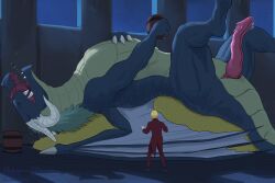 2026 ambiguous_gender animal_genitalia barrel blonde_hair blue_body bodily_fluids bottomwear bubble claws cloaca cloacal_penis closed_eyes clothed clothing coin dated dragon drunk drunk_bubble dryme_(fliaw) duo erection european_mythology fangs farming_life_in_another_world feral finger_claws flying_sweatdrops fully_clothed genital_fluids genitals gold_(metal) gold_coin hair hi_res horizontal_cloaca horn human lying male mammal membrane_(anatomy) membranous_wings mythological_creature mythological_scalie mythology night on_back open_mouth pants pokegontc precum red_bottomwear red_clothing red_pants red_shirt red_topwear scalie seminal_groove shaded shirt signature sky star starry_sky substance_intoxication sweat sweatdrop tail tan_body teeth topwear treasure_hoard western_dragon wings