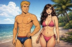 abs ai_generated ai_generated_image beach_background blonde-haired_male blonde_hair brown_hair brunette_hair_female bulge grok_(x) hourglass_figured_female muscular_male ocean original_characters original_female_character original_male_character palms pectorals pink_bikini pink_bikini_bottom pink_bikini_top sand string_bikini sweaty_body swim_briefs swimwear