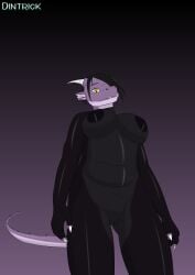 absurd_res anthro areola belly big_breasts black_hair breasts claws dintrick dragon female genitals hair hi_res horn latex looking_at_viewer looking_down mythological_creature mythological_scalie mythology nipples purple_body scalie slightly_chubby solo vulva yellow_eyes