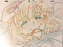 1boy blue_eyes blush breasts brown_hair cum cum_in_mouth deepthroat dress earrings fellatio female hairband hashtag-only_commentary heart heart-shaped_pupils heart_earrings idolmaster idolmaster_cinderella_girls jewelry long_sleeves medium_breasts oral penis sakuma_mayu sharekoube short_hair straight symbol-shaped_pupils traditional_media