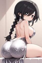 1girl alternate ass at_back backless bare behind black_blush braid braids breasts bright closed_clothes cocktail_costume dress earrings evening_eye eyes from_behind funamusea furrow gown grey_hair hair jewelry large_breasts long_hair looking_at_viewer median mogeko_castle mouth necklace official one_outfit over_shoulder pantylines pupils red_sideboob silver sitting solo sweatdrop thighs tight twin_drills viewer white yonaka_kurai