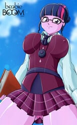 boobieboom equestria_girls erect_nipple female friendship_games friendship_is_magic my_little_pony panties pink_panties school_uniform sci-twi solo twilight_sparkle_(mlp) upskirt