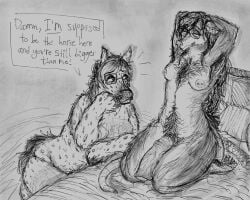 alienbeepoontang american_opossum andromorph animal_genitalia animal_penis anthro appaloosa armpit_hair bed bedroom_eyes belly_hair big_penis body_hair breasts chest_hair claws dialogue digital_media_(artwork) duo ear_piercing ear_ring equid equine equine_genitalia equine_penis eyewear feet furniture genital_piercing genitals glasses gynomorph hair hi_res horse hybrid intersex iscariot_(nephicide) jaimee_(alienbeepoontang) kneeling long_hair mammal marsupial monochrome multiple_piercings murid murine narrowed_eyes nipple_piercing nipples penis penis_piercing piercing pubes rat ring_piercing rodent rodent_tail scar seductive self-harm_scars simple_background sitting slightly_chubby slightly_chubby_andromorph slightly_chubby_intersex speech_bubble toe_claws trans_(lore) trans_man_(lore) wearing_glasses