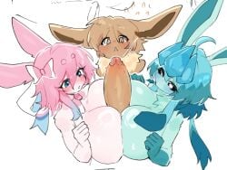 anthro big_breasts big_penis blue_body blue_fur blush breast_play breast_squish breasts breasts_frottage brown_body brown_fur collaborative collaborative_sex collaborative_titfuck dizzy_eyes eevee eeveelution female fur generation_1_pokemon generation_4_pokemon generation_6_pokemon genitals glaceon group huge_breasts huge_cock hyper hyper_breasts hyper_genitalia hyper_penis male male/female nintendo penis pink_body pink_fur pokemon pokemon_(species) scribbledmoon sex squish sylveon titjob trio