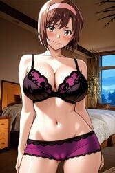 1girl ai-created ai_generated ass_visible_through_thighs bare_shoulders bed bedroom black_bra blush bra breasts brown_eyes brown_hair cameltoe cleavage closed_mouth collarbone contrapposto curtains devilman female female_only groin hairband indoors lace lace-trimmed_bra lace-trimmed_panties lace_trim large_breasts lingerie looking_at_viewer miki_makimura navel panties pink_hairband pixiv purple_bra purple_panties rena_aikawa_(pixiv_user) short_hair shorts sky smile solo stable_diffusion standing stomach thighs underwear underwear_only window