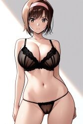 1girl ai-created ai_generated arms_at_sides ass_visible_through_thighs bare_arms bare_shoulders black_bra black_panties blush bow_panties bra breasts brown_eyes brown_hair cameltoe cleavage closed_mouth collarbone contrapposto cowboy_shot devilman female frown hairband lace-trimmed_bra lace_trim large_breasts lingerie looking_at_viewer miki_makimura navel panties pink_hairband pixiv rena_aikawa_(pixiv_user) short_hair skindentation solo stable_diffusion standing stomach string_panties thighs underwear underwear_only v-shaped_eyebrows