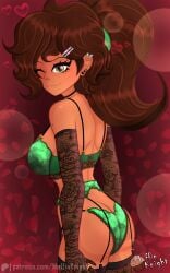 1girls artist_self-insert ass ass_focus athletic_body athletic_female back_view bicep_gloves brown_hair choker garter_straps garterbelt green_eyes green_underwear heart lace_gloves lacy_gloves large_ass large_breasts lingerie looking_at_viewer looking_over_shoulder mole mole_under_eye muffin_(muffinknight) muffinknight patreon patreon_username perky_ass ponytail red_background rose_petals sideboob simple_background stockings tan_skin underwear valentine's_day wedding_band wedding_ring wink winking winking_at_viewer
