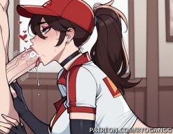 1female 1girls 2d 2d_(artwork) ai_generated baseball_cap big_breasts blowjob blue_eyes breasts brown_hair cleavage cleavage_cutout female high_resolution highres large_breasts large_tits league_of_legends light-skinned_female light_skin patreon patreon_username pizza_delivery_girl pizza_delivery_sivir ponytail ryogangg sivir sucking sucking_penis thighhighs thighs uniform uniform_female work_clothes work_uniform