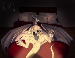 6_toes bed bedroom_eyes blue_tongue bramble-wolf dragon erection feet feral furniture genitals hi_res looking_at_viewer male multi_genitalia multi_penis multi_tongue mythological_creature mythological_scalie mythology narrowed_eyes on_bed penis presenting scalie seductive simple_background solo spread_legs spreading tail toes tongue tongue_out white_body wings