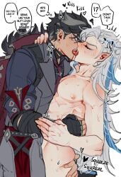 blackmieu english_text fully_clothed fully_nude hand_on_ass hand_on_neck kissing neuvillette_(genshin_impact) reddened_butt spanking_marks squeezing_butt wriothesley_(genshin_impact)