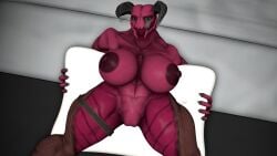 bed big_woman boobs demon demon_girl demon_horns monster monster_girl muscles pillow red_body red_skin source_filmmaker tongue tongue_out