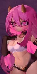 blush choker demon demon_girl gloves goddess_&_magic grumpy hand_on_hip horns large_breasts long_hair looking_at_viewer mascara pink_eyes pink_hair purple_background simple_background thick_thighs