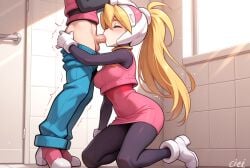 ai_generated bathroom blonde_hair blowjob blue_eyes ciel ciel_(mega_man) cute cute_girl female girl medium_breasts mega_man_x_dive mega_man_zero penis_in_mouth pink_skirt pink_vest sexy sexy_pose skirt vest