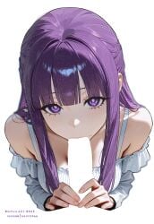 bare_shoulders breasts chokopaii commentary_request female fern_(sousou_no_frieren) highres implied_fellatio large_breasts long_hair looking_at_viewer meme negative_space_cunnilingus_(meme) off_shoulder oral pov purple_eyes purple_hair shirt simple_background solo_focus sousou_no_frieren upper_body white_background white_shirt
