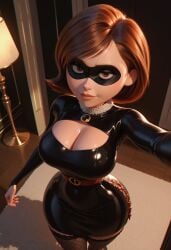 ai_generated big_breasts breasts brown_eyes brown_hair curvy_figure disney domino_mask elastigirl galaxy_artai helen_parr latex_clothing mature_female milf pixar the_incredibles
