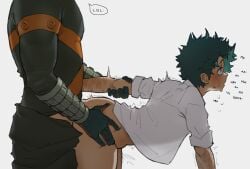 2boys absurdres anal ass bakugou_katsuki bare_hips bent_over blush boku_no_hero_academia bottomless cum english_commentary english_text freckles from_side gloves grabbing_another's_ass green_eyes green_hair groping highres holding_another's_arm looking_up male_focus messy_hair midoriya_izuku moaning multiple_boys no_male_underwear open_mouth pectorals scar scar_on_arm scar_on_face sex shirt superhero_costume sweat sweatdrop tears trembling valo_(valovalo) white_background white_shirt yaoi