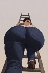 1boy ai_generated angry ass ass_focus big_ass big_butt black_hair climbing dat_ass fat_ass femboy feminine_male from_below grok huge_ass huge_butt jeans looking_at_viewer male male_focus male_only masculine oc thick_thighs