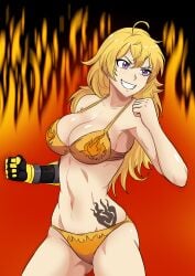 1girls bikini bikini_bottom bikini_top half-dressed half_naked half_naked_female long_hair long_hair_female purple_eyes robotic_arm rwby solo_female symptom99 tattoo tattoo_on_stomach yang_xiao_long