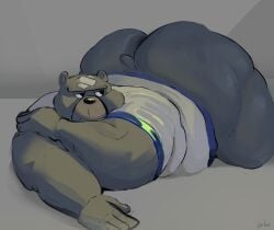 animal_crossing anthro ass bandage bandage_on_face bear big_butt bodily_fluids curt_(animal_crossing) debudraws eyebrows frown hi_res looking_back lying male mammal nintendo on_front solo sweat sweatdrop sweaty_butt unibrow
