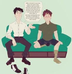 2boys belt belt_buckle black_slacks black_socks blush blushing_at_camera blushing_at_viewer blushing_male brown_eyes brown_hair casual casual_erection chilling couch couch_sitting curly_hair dark_hair developmental_disability digital_drawing_(artwork) digital_media_(artwork) dumb dumb_male english english_text erection excited fame famous fas fasd fetal_alcohol_syndrome filming handsome handsome_celebrity handsome_man happy hazel_eyes idiot idol imminent_exposure imminent_gay_sex imminent_sex indie_musician innocent innocent_expression introducing_self introduction light_brown_eyes male male/male male_focus male_only mentally_challenged mentally_deficient mr_shrink normal original original_character original_characters presenting ribbed_legwear ribbed_socks shoes shoes_removed singer singer_performer steamy_feet steamy_shoes straight straight_hair stupid tour_bus ugly_male ugly_man unkempt_hair unnamed_character white_dress_shirt wide_eyed