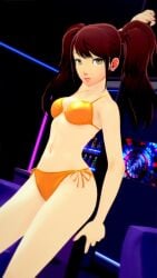 1girls bare_shoulders bikini breasts brown_eyes brown_hair curvy curvy_figure earrings female_only kujikawa_rise lips lipstick medium_breasts megami_tensei orange_bikini persona persona_4 pole seductive_look solo strip_club stripper_pole swept_bangs thighs twintails