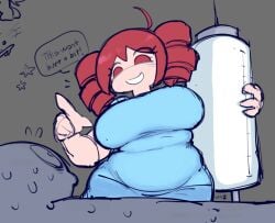 1girls 1other 2d 2d_(artwork) ahoge artist_signature bbw belly belly_overhang big_belly big_breasts big_thighs breasts cartoony chubby chubby_female clothed clothed_female clothing comedy comically_large_object curvaceous curvy curvy_female curvy_figure dialogue drill_hair english_dialogue english_text eyelashes fatass_teto female fully_clothed grey_background hips_wider_than_shoulders huge_belly huge_breasts huge_thighs igaku_(utau) kasane_teto large_breasts large_thighs love_handles medical_scrubs mizuanimatez mizzydoesthings mv_character nurse nurse_uniform raised_finger red_eyes red_hair scrubs sfw simple_background slim_waist smile speech_bubble sweat sweatdrop sweating sweating_profusely syringe tagme text thick_thighs thighs tight_clothing twin_drills utau venus_body voluptuous voluptuous_female wide_hips