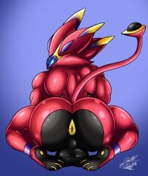anthro anus ass balls big_balls big_butt blue_eyes feet generation_7_pokemon genitals hi_res kneeling legendary_pokemon looking_at_viewer looking_back male muscular muscular_male nintendo perineum pokemon pokemon_(species) presenting presenting_anus presenting_hindquarters protoschwarz shiny_pokemon simple_background solgaleo solo tail white_body