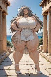 ai ai-created ai_art ai_generated ai_slop big_breasts female female_focus female_only greek_clothes grey_hair heels huge_ass huge_butt jewels massive_breasts mommy muscular muscular_female nature nature_background smiling smiling_at_viewer tattoos unknown_artist unknown_character unknown_species white_shirt