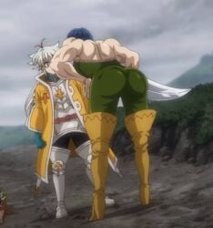 bending_over big_ass clothed dominant_female gawain_(mokushiroku_no_yonkishi) green_clothing kneeling mokushiroku_no_yonkishi muscular_female outdoors seven_deadly_sins sword taller_female tristan_liones