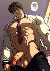 1boy abs balls ballsack bara bible_black big_balls big_cock big_dick big_male big_penis brown_hair cock dick dripping_precum green_eyes kappax looking_down male male_focus male_only minase_taki muscle muscles muscular muscular_male nipples open_shirt penis penis_out precum precum_drip pulling_down_pants room_background shirt_open short_hair smug_expression smug_face smug_grin smug_smile text text_bubble tie veins_on_cock veins_on_dick veins_on_penis veiny_cock veiny_dick veiny_penis yaoi