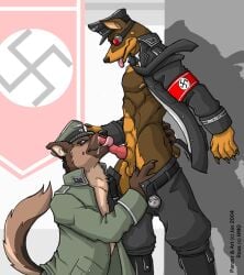 anthro bodily_fluids canid canine canine_penis_tongue canis cum domestic_dog duo genital_fluids german_shepherd herding_dog jax_(disambiguation) male male/male mammal masculine nazi nazi_uniform oral panzer pastoral_dog swastika