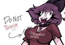 1girls big_breasts breasts choker crazy_eyes crazy_female female female_focus female_only light_skin neckline open_mouth purple_eyes purple_hair silly silly_face sketch tongue tusks