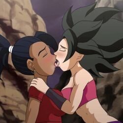 ai_assisted ai_generated animated brown_skin caulifla dragon_ball_super female_saiyan kale kissing ponytail saiyan tongue yuri