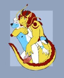 2022 anthro arm_tuft athletic athletic_anthro athletic_male balls blue_body blue_eyes blue_fur blush canid canine canis digit_ring dragon duo erection facial_hair fur genitals goatee green_eyes hair hi_res horn humanoid_genitalia humanoid_penis hybrid jewelry labradorszn male male/male male_anthro mammal mythological_creature mythological_scalie mythology nipples nude nude_anthro nude_male penis pink_penis red_hair red_penis ring scalie simple_background smile standing tail teeth tuft wedding_ring whiskers white_body white_fur wolfdog yellow_body