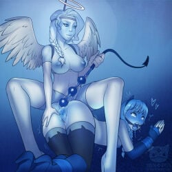 ahe_gao alexandria_(blueprotoss) anal_beads angel_costume aquamarine_(oc) bound_arms bound_hands bound_legs buttplug_tail devil_costume femdom femsub gaping_pussy high_heels lezdom ninjakitty pulling_anal_beads ring_gag wet_pussy