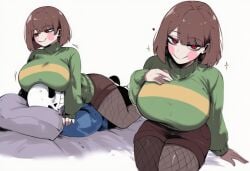 ai_generated bed bedroom between_breasts chans chara chara_(undertale)sans pillow sans_(undertale) squeezing tagme thick thick_thighs tights undertale
