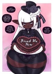 1girls bangs black_thighhighs bottom_heavy cake cobatsart dark-skinned_female dark_skin dialogue earrings english_text female female_only final_fantasy final_fantasy_xiv hat hi_res lalafell large_thighs long_hair looking_at_viewer mary_muffin_(cobatsart) narrowed_eyes original pointy_ears shortstack solo speech_bubble talking_to_viewer thick_thighs thighhighs top_hat valentine's_day white_eyes white_hair